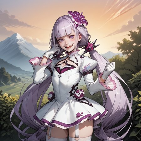 safe_pos, safe_pos, safe_pos, safe_pos, safe_pos, score_9, score_8_up, score_8, score_7_up, score_7, ExpressiveH, full body
BREAK
1girl, solo, Dorothy Dragalia, purple eyes, purple hair, white hair, fanged mouth, sharp teeth, absurdly long hair, buns on hair, spiked scrunchie, flat chest, white dress, wide sleeves, gloves, thighhighs small breasts, broad hips, looking at viewer, head tilt, seductive look, aroused, horny, standing, oiled skin, hand in hair, looking at viewer, lips parted, blushing, mischievous smile
BREAK
Garden, sunset, orange sky, purple sky, mountainous horizon
