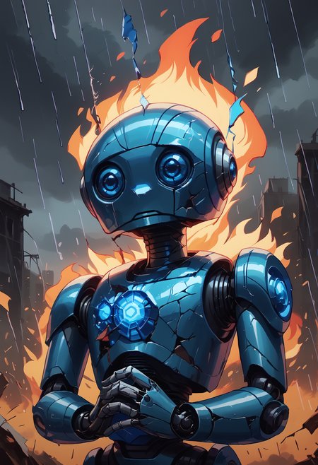 score_9, score_8_up, score_7_up,  portrait, head down, raining, fire, flames in background, grey sky, grey clouds, sad, looking down, <lora:CivBotPDXL:1> CivBot, blue robot,  <lora:GLSHS:0.7> GLSHS, partially illuminated,  <lora:ShatteredGlass_XLPD:0.5> shattered, crack, looking at own hands