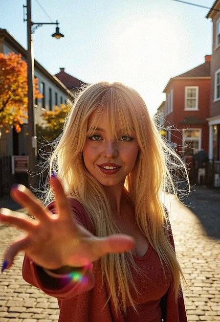 sw33ny wearing makeup, close-up shot,  photorealism, photography of a beautiful woman, standing on a cobblestone street, sunset, lens flare, rainbow lens flare  wearing casual autumn clothes, long blonde hair, asymmetrical bangs, ,reaching out, fake nails, nail polish,   smiling warmly, outdoors, autumn foliage, traditional houses,power lines, cable, chain-link fence,  fountain,  vibrant colors, detailed, photorealistic,looking at viewer, wind, hair flowing over, crowded, cinematic lighting,  
