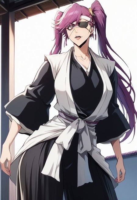 score_9, score_8_up, score_7_up, source_cartoon 1girl, saito_furoufushi, black kimono, white haori, white headband, eyepatch, ((solo)), ((solo focus)), makeup, cute, feminine body, (feminine face), (feminine hairstyle, long hair, side bangs)), tight clothes, cowboy shot, large breasts, wide hip, bubblebutt, huge butt, thick thighs, small waist, (rim lighting, studio lighting), detailed eyes, ultra-detailed, ((flirty)), ((sexy pose)), huge breasts, <lora:Bleach_TYBW:1>