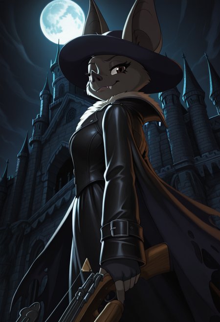 Graphic Design, cinematic lighting, color art, vibrant colors, colorful, intricate details, high contrast, detailed background, beautiful detailed, beautiful face, detailed eyes, detailed face, new, n41n4b4t, 1girl, solo, furry, bat (animal), bat ears, fangs, brown eyes, leather coat, victorian clothes, male clothes, black wide-brimmed hat, fingerless glowes, torn coat, weapon, holding weapon, crossbow, smirk, low angle, from side, cowboy shot, dutch angle, perspective, dynamic pose, castle, night, dark, moon, head up, (masterpiece, best quality, newest, recent, absurdres),