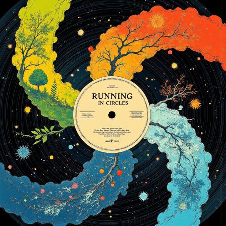 This digital artwork features an intricate and vibrant close-up of a vinyl record, rendered with stunning detail and a creative seasonal theme. The record’s grooves form four distinct spiral arms, each showcasing a different season with a harmonious blend of artistry and storytelling.
The first spiral arm, painted in a lush green color theme, depicts a minimalist yet elegant sketch of a tree branch adorned with fresh buds and delicate blossoms, symbolizing the renewal and vitality of spring.
 The second arm, glowing in a radiant red color theme, illustrates the branch in full summer bloom, brimming with lush green leaves and delicate, artful fruits that exude warmth and abundance.
 The third spiral arm, swathed in earthy orange tones, transitions to autumn, displaying the branch with foliage in brilliant shades of red, orange, and gold. The leaves are gracefully drifting, capturing the nostalgic beauty of fall.
 The fourth arm, in a cool blue color palette, evokes winter with the same branch now bare, covered in intricate snowflakes and shimmering icicles, a serene yet striking depiction of the cold season.
At the center of the record is an off-white label that adds a timeless touch. It features the title "RUNNING IN CIRCLES" in an elaborate, medieval-inspired font. The slight wear on the label adds a vintage authenticity to the composition.
The overall aesthetic combines the crisp realism of professional photography with a vivid colored surreal, artistic touch.