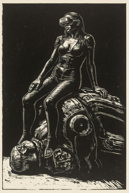 kako1 black and white woodcut print. A striking, futuristic scene depicts a woman dressed in sleek, form-fitting leather attire, sitting confidently atop an open power suit, inspired by the cyberpunk aesthetics of Masamune Shirow. The power suit, a blend of advanced technology and military-grade armor, features intricate mechanical details, exposed wiring, and a robust, yet streamlined design. The woman, wearing a cutting-edge VR headset, exudes a sense of control and mastery over the machine beneath her. Her posture is relaxed yet commanding, with one hand resting on the suit's metallic surface and the other casually holding a piece of advanced tech. <lora:kako3_woodcut_cap_d6a3e11:1.0><lora:817691546431500560:0>