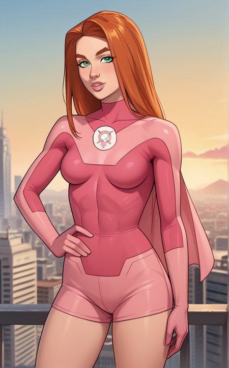 score_9, score_8_up, score_7_up, absurdres,contrapposto, hand on hip, sunset, sidelighting, cityscape, vanishing point, outdoors, depth of field, solo, looking at viewer,   <lora:PONYXL_Invincible_AtomEve_ownwaifu:0.9>, BREAK MainOutfit_AtomEve_ownwaifu, 1girl, orange hair, green eyes, long hair, nose, covered collarbone, eyelashes, shiny hair, straight hair, thick eyebrows, thick lips, toned female, logo, long sleeves, pink cape, pink gloves, pink leotard,  turtleneck leotard, two-tone leotard, medium breasts, skin tight, thighs, elbow gloves, emblem, pink shorts, makeup,   <lora:add-detail-xl:0.15>,