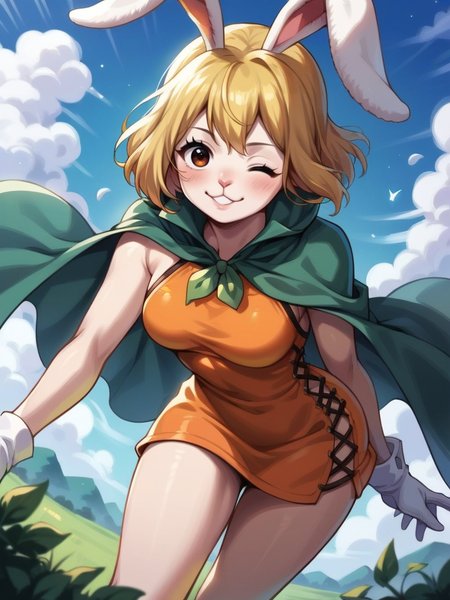 score_9, score_8_up, score_7_up, source_anime, 1girl, looking at viewer, blonde hair, rabbit ears, rabbit girl, furry female, very sexy, solo focus, looking at viewer, orange short dress, bare shoulders, green cape, white gloves, open clothes, smile, blush, cowboy shot, (dynamic pose:1.1), cute, medium breasts, thick thighs, sexy pose, dynamic angle, dutch angle, vegetation, sky, one eye closed, very happy, leaning forward, 
<lora:CarrotXLP_character:1> CarrotXLP,  <lora:Realistic_2.5DAnime_Merge1:0.7>