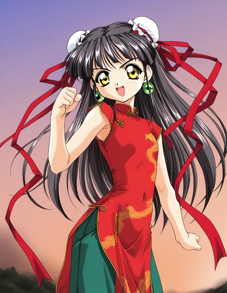 masterpiece, best quality, good quality, <lora:Kounyan_Spiral_NAMI_IS:1>Kounyan, black hair, long hair, double bun, hair bun, bun cover, yellow eyes, ribbon, earrings, flat chest, green jewelry, 2000s \(style\),anime coloring,  short_stack,
red china dress, red ribbon, green pants, aura, outdoor, sky, serious smile, open mouth, fighting_pause, fight style, looking at viewer, cowboy_Shot,