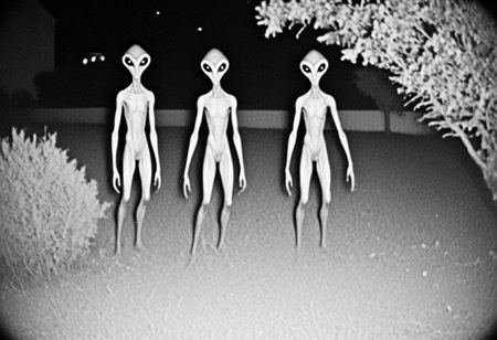 aliencctvlora, black and white nighttime cctv footage of two thin gray aliens skulking around the backyard of a suburban home, thin bodies, bulbous heads, tall, long thin arms, thin fingers, long thin necks, big black eyes, realistic, grainy cctv, dark footage, dynamic action, candid, olddigitalcamera, raw, light leak, film grain, (jpeg artifacts:0.5), low res
