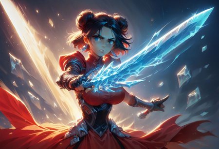 score_9, score_8_up, score_7_up, source_cartoon. <lora:princess_xl_v2:0.7><lora:officialpit_style_v11:1>, (dramatic lighting), low light, high quality, detailled face, pretty face, standing, large breasts, hourglass figure,
short black hair, low buns with bangs, earrings, 
swordswoman,blue eyes, blue battle dress, ice sword, ice magic, shards of ice floating, Wielding sword, pointing sword ahead,