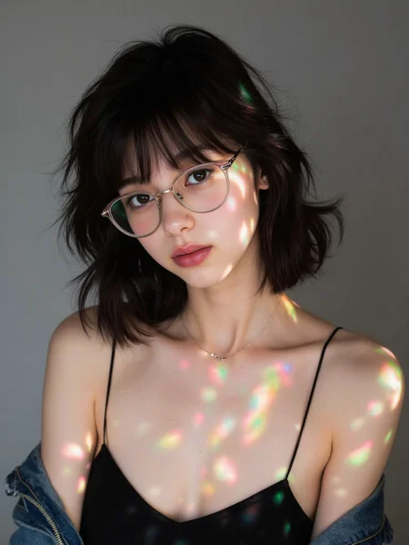 There are wonderful studio lights and various reflections,
18yo beautiful cute girl with blushing and female orgasm.skin naturally showing the texture of blood vessels and detailed pale skin,
--,
<lora:Nakajo_Ayami_f1:1>,she is Nakajo Ayami, The young woman has voluminous, loosely curled dark brown hair that frames her face in a soft, effortless manner. Her skin is medium-toned, with a natural, warm complexion. The large, round glasses she wears have clear lenses and slightly thick frames, adding a vintage, intellectual vibe to her appearance. Her eyes, though partially shadowed by the lighting, convey a mix of introspection and quiet curiosity. Her lips are naturally full, with a subtle hint of color that complements her overall understated, elegant look.ClothingShe is wearing a thin-strapped black camisole, revealing her shoulders, with one side of a denim jacket loosely hanging off, giving a casual and laid-back feel to her outfit. The contrast between the minimalistic black top and the denim jacket adds depth to her style, which is simple yet chic.The colored light patterns across her face, caused by the refraction of light, interact with her features, adding a dreamlike and ethereal quality to the image. The diagonal lines of light highlight certain parts of her face, casting soft shadows and enhancing her facial structure, especially around her cheekbones and jawline.The overall mood she portrays is one of quiet contemplation, as though sheâs lost in thought, blending seamlessly into the artistic, almost surreal environment created by the light play around her., æºå¨äººå½¢è±¡  svenice,