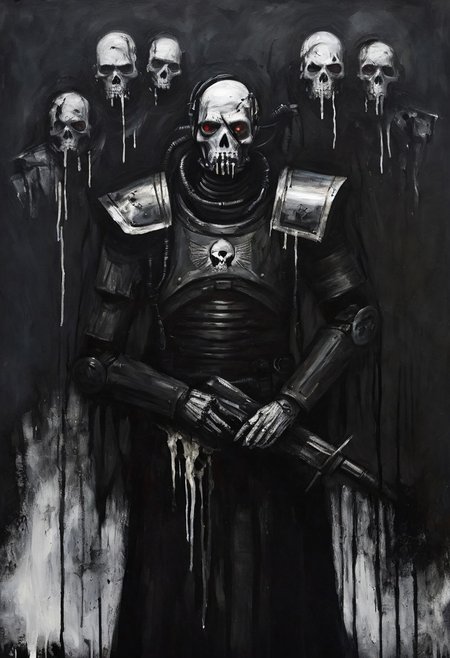 novuschroma64 style, w4rh4mm3r style oil painting ,grimdark, zombified undead cyborg military commander fanatic, pure black background, black and white