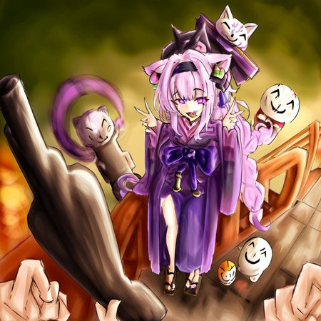 double v, purple eyes, hairband, japanese clothes, jewelry, weapon, very long hair, hat, sidelocks, animal ears, fang, side braid, bangs