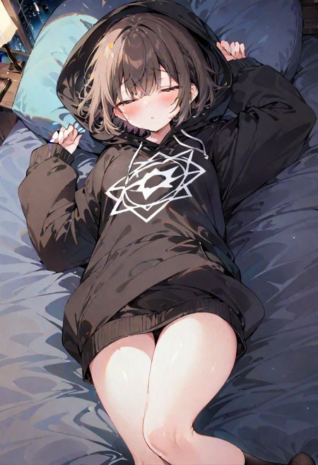 girl, chara, brown short hair, ((masterpiece)), ((high quality)),best quality, (extremely detailed CG:1.2), Highres, 4K, 8K, big black hoodies, pantagram on hoodies, black socks, no pants, , lie on bed, (sleeping), clossed eyes, night, ca3, scarfed clothes, see body parts