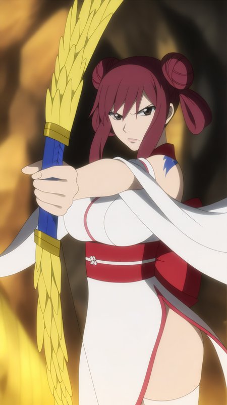 masterpiece, best quality, very aesthetic, absurdres, BREAK, 1girl, looking at viewer, cowboy shot, 
<lora:Archer_Erza_Illu_Dwnsty:0.8>, erz_archer, brown eyes, red hair, hair up, sidelocks, double bun, hair bun, hair rings, japanese clothes, white thighhighs, detached sleeves, wide sleeves, obi, sash, red bow, side slit, arm tattoo, blue tattoo, white kimono, 
large breasts, lips, serious, holding weapon, bow \(weapon\), holding arrow, aiming,
abstract background,  cave, sunlight, cinematic lightning,