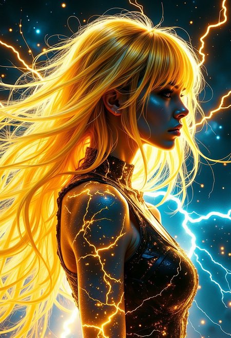 Silhouette Art, magnificent. sparks of electricity coalesce into female thunder elemental, long electric yellow hair, bangs, pulsing with yellow and blue electrical energy, closeup portrait