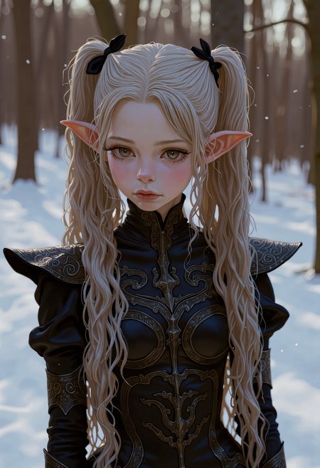 SWMS,Full body potrait, hyperrealistic detail, Rendered in a fusion of photorealism and digital surrealism, Beautiful surreal high fantasy portrait, A Female warrior with dark, ashen skin and long, long silver-white hair, intricate braids, black Armor and clothes, facing the viewer stands amidst snowflakes, ethereal and otherworldly presence, with sharp, elf-like ears and adorned in elaborate, dark armor with detailed engravings and metallic patterns. Her expression is somber and introspective as she sits quietly, her eyes are silver, in a cold and desolate landscape under a dim, moonlit sky. Her armor is very detailed with decorations, giving her an air of nobility, Real sharp photo, snowing, snowflakes in the air, blurred background, rose gold minerals, shiny aura, highly detailed, Kirnan Shipka, Januz Miralles, Hikari Shimoda, glowing stardust by W. Zelme. The overall effect is breathtaking and truly captivating, shimmering skin that glows like the night sky, long, hair adorned with tiny, glowing stars, deep, cosmic eyes, ethereal hues, mysterious and enchanting expression, dreamlike and mystical atmosphere, RAW candid cinema, 16mm, color graded portra 400 film, remarkable color, ultra realistic, textured skin, remarkable detailed pupils, realistic dull skin noise, visible skin detail, skin fuzz, dry skin, shot with cinematic camera, detailed skin texture, (blush:0.2), (goosebumps:0.3), subsurface scattering, detailed drawing   <lora:FLUX - SWMSF - Styles for FLUX ( detailed drawing, swms ):1> <lora:FLUX - Surreal_Photo (Glitter):0.6>