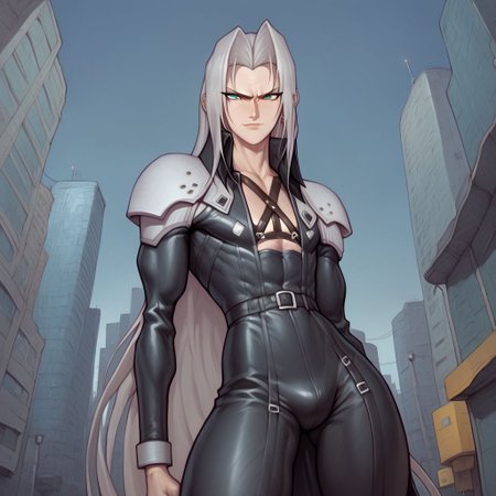 score_9, score_8_up, score_7_up, flightless detailed closeup action shot, from front, Sephiroth leaping through the air swinging very long sword in a wide overhead arc, smug expression, dynamic pose, exaggerated perspective emphasizing action, in an industrial city at night, dim street lighting, solo, beautiful, androgynous, flat chest, leather straps, broad shouldered, long draping leather overcoat, high contrast, industrial cityscape background,