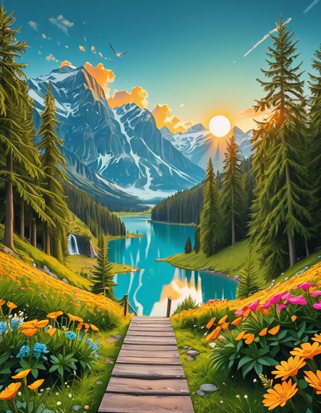 A breathtaking, high-resolution photograph of the most beautiful place on Earth, where natureâs wonders blend in perfect harmony. Towering, snow-capped mountains rise majestically in the background, their peaks glowing under the golden hues of a setting sun. Below, a crystal-clear turquoise lake reflects the colors of the sky, surrounded by lush, green forests filled with ancient trees, vibrant wildflowers, and cascading waterfalls. A soft mist rises from the valley, adding a dreamlike quality to the scene. In the distance, rolling meadows stretch toward the horizon, dotted with colorful flowers and serene wildlifeâgraceful deer grazing, birds soaring in the sky, and butterflies dancing in the breeze. A wooden footpath winds through the landscape, leading to a secluded, tranquil spot where the beauty of nature can be fully admired. The air is crisp and filled with the soothing sounds of rustling leaves, flowing water, and distant birdsong. The sky above is a masterpiece of colorsâdeep oranges, purples, and pinks blending seamlessly as the sun sets, casting a magical glow over this untouched paradise. The atmosphere is peaceful, awe-inspiring, and filled with a deep sense of wonder and tranquility, as if stepping into a perfect dream.
<lora:SDXLFaeTastic2400:0.4> <lora:extremely_detailed:0.4> extremely detailed,Earth P4r4d1s3, <lora:Earth_P4r4d1s3-i:1>, Masterpiece,best quality,hi res,8k,hi res,8k,award winning,(sharp focus, intricate, highly detailed),