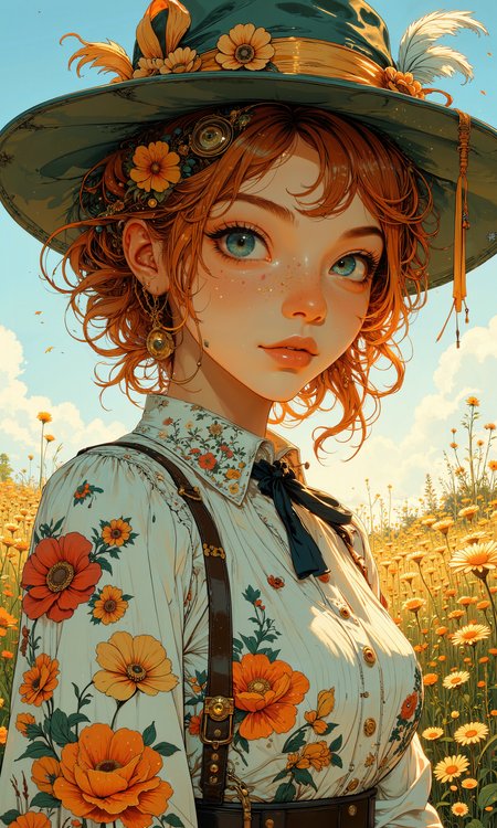 A vibrant portrait of a spirited young woman with deep azure eyes and unruly, cascading auburn curls. Her face shows curiosity and mischief. She wears an intricately embroidered vintage blouse with colorful floral patterns, paired with a wide-brimmed, moss-green hat adorned with silk ribbons and feathers. Her posture is confident and poised. The background features a sunlit meadow dotted with wildflowers, creating a dreamy, pastoral setting. Soft, diffused lighting enhances her radiant features and brings out the vivid contrasting colors of her attire. The composition is harmonious and balanced, with a subtle hint of whimsy. The scene is depicted in a high-quality, hyper-detailed style, reminiscent of impressionist paintings, capturing the warmth of a serene summer afternoon. <lora:FluxMythG0thicL1nes:0.6> <lora:Rainbow_on_black_style-000003:0.5> <lora:Ethereal Brush Anime v2.0:0.2> <lora:Blue_Future:0.9> <lora:flux_dev:1>