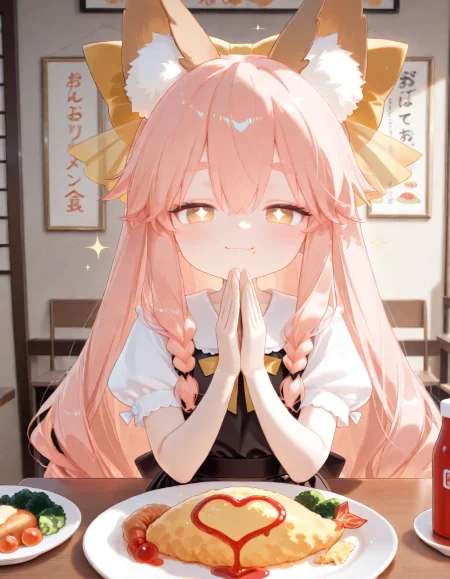 1girl, tamamo aria \(fate\), jitome, bedroom eyes, smile, clapping, restaurant, food, table, pov across table, sparkling eyes, shrimp tempura, omurice, ketchup, 
very awa, masterpiece, best quality, amazing quality, absurd res, hi res, highres, <lora:naitian_epoch_15:0.8>