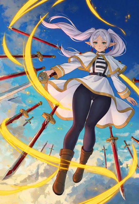 anime, anime coloring,very awa,masterpiece,best quality,year 2024,newest,highres,absurdres,from front, 1girl,aegyo sal,tareme,makeup,sousou no frieren,frieren,long eyelashes,eyelashes,thick eyelashes,twintails,eyeliner, (weapon formation:1.4), (floating weapon:1.2), floating huge sword, floating object,(multiple weapons,multiple huge swords:1.2),(huge sword:1.2),
full body,closed mouth,lips, nose,red earrings,floating hair,floating ,wind,(floating skirt,skirt lift),cameltoe,
black leggings,boots,elf,full body,gold trim,green eyes,leggings,long hair,pointy ears, white capelet, long sleeves,solo,(twintails),white hair, looking at viewer and facing viewer ,kirt, weapon,(casting spell:1.2),fingernails, nail polish, 
 (flying,suspenders,floating),
,(sky,flying,cloud:1.2) <lora:floating weapon-noob-V1:0.7>, <lora:il_brightness_slider_d1:-1.>