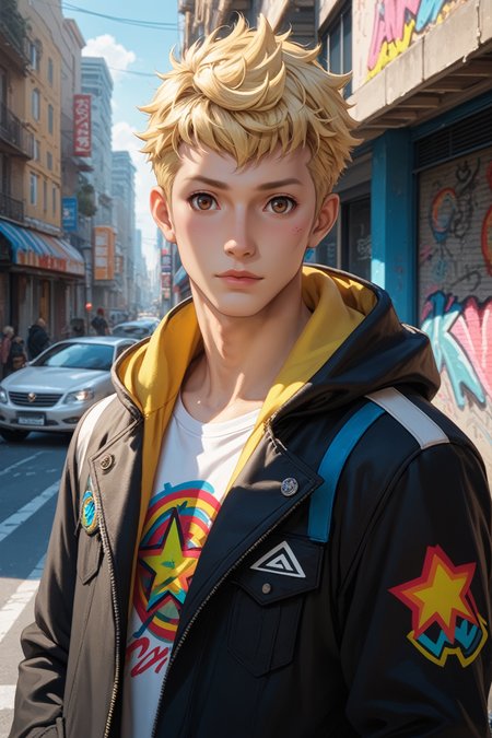 score_9, score_8_up, score_7_up, score_6_up
<lora:P5Ryuji:0.8>
P5Ryuji, 1boy, blonde hair, brown eyes, short hair, looking at viewer, Urban street scene with vibrant graffiti murals, model in stylish attire