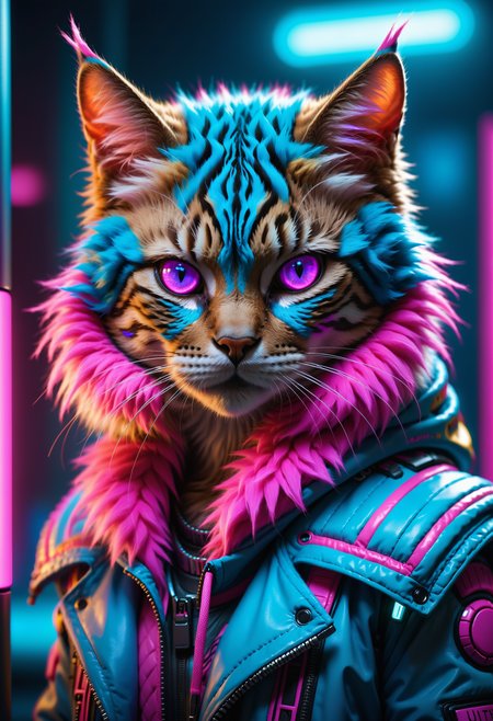 UHD, 4k, ultra detailed, cinematic, a photograph of UHD, 4k, ultra detailed, cinematic, a photograph of detailed fur, stylized, anthropomorphic creature with the head of a male cat rendered in vibrant and neon colors. cyberpunk wear, The cat's fur is a striking blend of bright blue and hot pink, with tufts and strands highlighted in a way that gives a sense of depth and texture. Its eyes are a vivid pink, which stands out against the blue fur and complements the pink tones.
, epic, beautiful lighting, inpsiring, epic, beautiful lighting, inpsiring