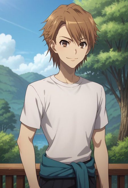 score_9, score_8_up, score_7_up, source_anime, highly detailed, 
naoya, 1boy, solo, brown hair, short hair, male focus, brown eyes, smile, pants, black pants, jacket around waist, t-shirt, white t-shirt, short sleeves, upper body, closed mouth
outdoor, sky, tree