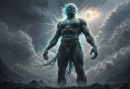 Powerful mighty genie, magical spirit made of thin air, creates and controls storm, ethereal and commanding presence, mythical magical creature, swirling winds, thansparent, ghostly, uncanny elemental of wind, intense storm clouds, ancient and wise expression, mystical symbols, hovering above the ground, dark and turbulent sky, fierce and majestic, awe-inspiring, cinematic, 8k, ultra-realistic, dramatic lighting, detailed textures, octane render, unreal engine, volumetrics dtx, best quality, 32k, masterpiece, (bottom_view, photo_from_bottom:1.2), tornado instead of legs