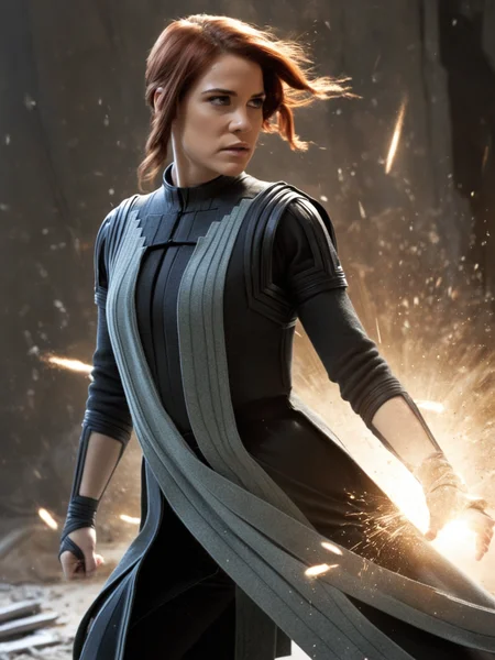 a woman,cinematic,faced to viewer,(cute:0.5),realistic,dramatic lighting,particles,debris,solo,solo focus,
<lora:Jasse_Faden_v6_biglust:0.95>woman,jasfdn face,jas hair,asynch clothes,tense expression,
dynamic pose,action