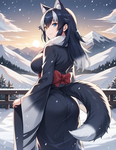 score_9, score_8_up, score_7_up, score_6_up, score_5_up, score_4_up, source_anime, rating_safe, BREAK <lora:greyWolfXL_LoRA-C3Lier_AdamW_Dim16_Alpha16_UN-3e-4_TE-1.5e-4_10batch_ponyDiffusionV6XL_v6StartWithThisOne:1>, grey wolf \(kemono friends\), 1girl, two-tone hair, long hair, wolf ears, heterochromia, large breasts, wolf tail, light smile, fur-trimmed kimono, wide sleeves. long sleeves,looking back, looking at viewer, from behind, dutch angle, winter, snow, snowing, sunrise, dawn, mountainous horizon, cloud, sky