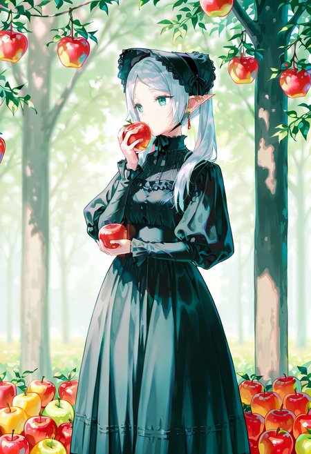1girl,solo, hiten (hitenkei), black dress, long sleeves, standing, puffy sleeves, frills, juliet sleeves, bonnet, holding food, apple,outdoors, frieren, orchard