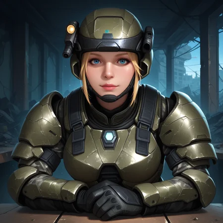 Masterpiece, high-res, 2k, best quality, 2.5d, realistic, 1 girl ,  fem marine, helmet, headlight , armor, blonde hair, blue eyes , realistic, military, gray camouflage, black balaclava,  face cover , scifi , medium shot, in a destroyed city<lora:fem_marine_illus-000049:1>  Elevated Confidence: Sit on a high surface such as a counter or table and lean back with a relaxed and confident posture. This pose exudes poise and self-assuredness.