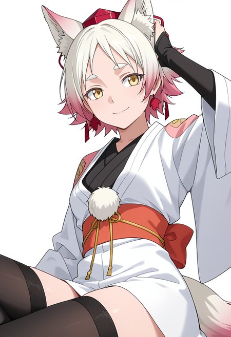 Smooth Quality,masterpiece,very intricate, high quality details, ultra realistic, high detailed skin,detailed enviorement,absurdres,
simple background, white background,solo,
lying on side, one arm supporting head, relaxed legs, soft smile, casual vibe,  ,from below,sad smile,
 <lora:Momiji_cnn:0.8> momijicnn,1girl, wolf ears, yellow eyes, white hair, pink hair, short hair, gradient hair, thick eyebrows,tokin hat, japanese clothes,white kimono,sash, black thighhighs, long sleeves, bridal gauntlets,earrings, pom pom (clothes), tail,