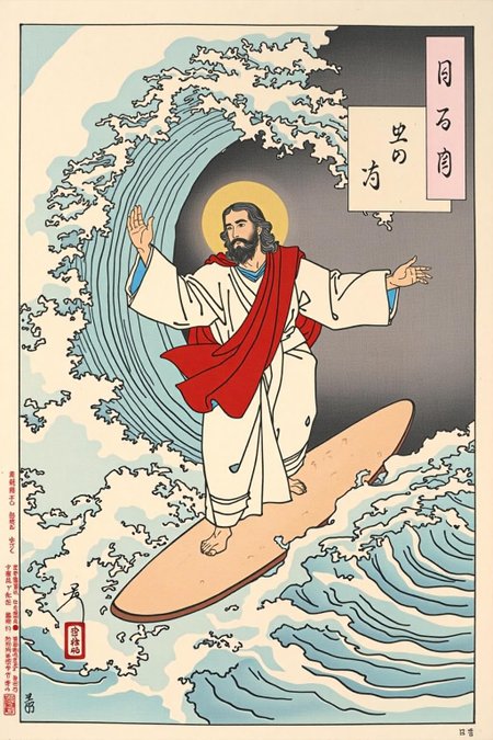 tsukioka1 Japanese woodblock print ukiyo-e. 
 Jesus surfing a huge wave
 <lora:schnell_v1.0:1.0> <lora:tsukioka_ukyo-e4_nocap_d8a4:1.0><lora:798032098138164501:0>