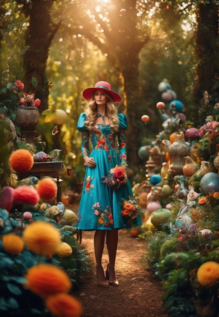 cinematic photo Arcane,  Adja Yunkers, Alice in Wonderland,  wandering in Enchanted Garden, beautiful,  whimsical wonderland with oversized flowers, talking animals, hidden pathways, swirling lights:1.2, light particles:0.9,life-like, Incorporates vibrant colors, unusual plant arrangements, and fantastical creatures, texture, masterpiece, great art, high quality, best quality, highly detailed, 8k, wide shot, panorama, (Bottom view:1.1), Kodachrome,1970s,(8k, RAW photo, highest quality), eye focus, close up,sharp focus,(detailed eyes:0.8),  <lora:sdxl_photorealistic_slider_v1:1>, (masterpiece,best quality:1.5) . 35mm photograph, film, bokeh, professional, 4k, highly detailed