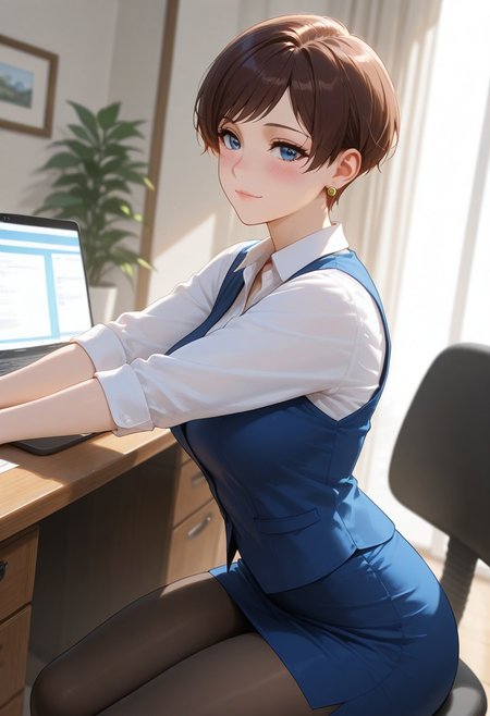 ((high quality)), ((high resolution)), ((incredibly detailed)), detailed background, masterpiece,  natural lighting, dynamic angle, indoors, office, desk, laptop, office chair, 1woman, mature, white blouse, blue vest, blue mini skirt, pantyhose, working, sitting on chair, stretching, perfect face, perfect blue eyes, middle breasts, detailed brown pixie cut, swept bangs, earring, soft smile, blush,