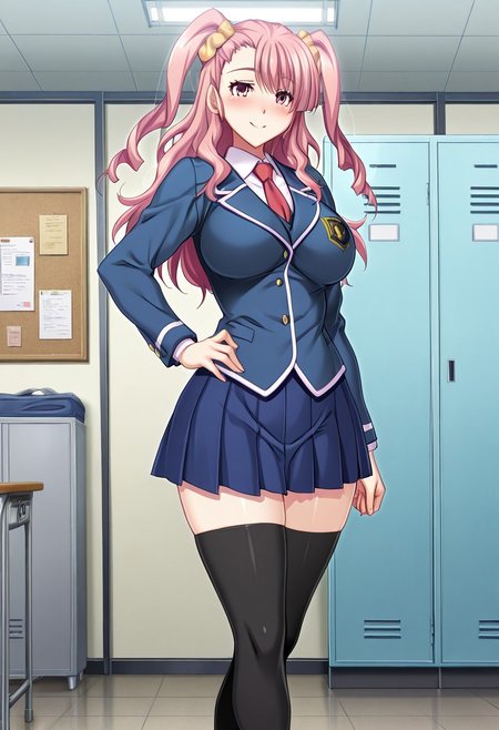 score_9,score_8_up,score_7_up,source_anime,5_figner,2d_animation,game cg,BREAK,1girl,solo,
Kamiizumi Rio,largebreast,
long hair,Pink eyes,pink hair,bangs,twintails,
school uniform,red necktie,blazer,blue skirt,pleated skirt,black thighhighs,zettai ryouiki,loafers,
cowboy shot,smile,blush,
school,class room,locker,window,indoor,curtain,bulletin board,
masterpiece,best qualit,ultra-detailed,illustration,an extremely delicate and beautiful,beautiful detailed eyes,unity 8k wallpaper,high resolution,anime CG,official_art,