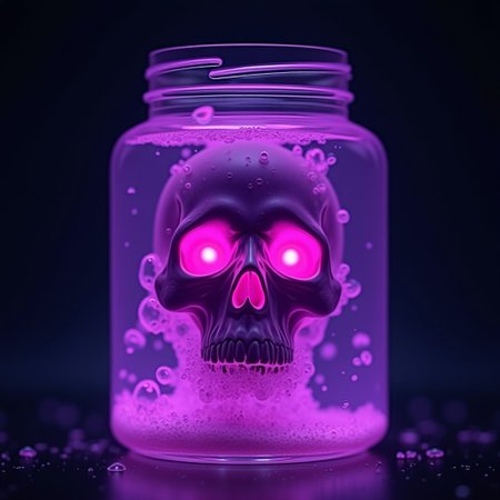 A jar filled with purple glowing mysterious viscous fluid, bubbles, a skull with glowing red eyes the jar, necromantic glow, magic glow, photorealistic, best quality,