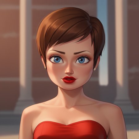 score_8_up, BREAK, 1girl, solo, RoxanneRitchi, brown hair, short hair, blue eyes, lipstick, red dress,  portrait, depth of field,  <lora:Roxanne_Ritchi_PXL_Leaf2:1>