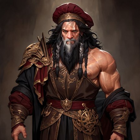 masterpiece, best quality, newest, absurdres, highres, DMIXV1.0, 1boy, dwarf, beard, long beard, braided beard, messy hair, black hair, hat, muscular male, scar, scar on face, renaissance clothes, renaissance, 
