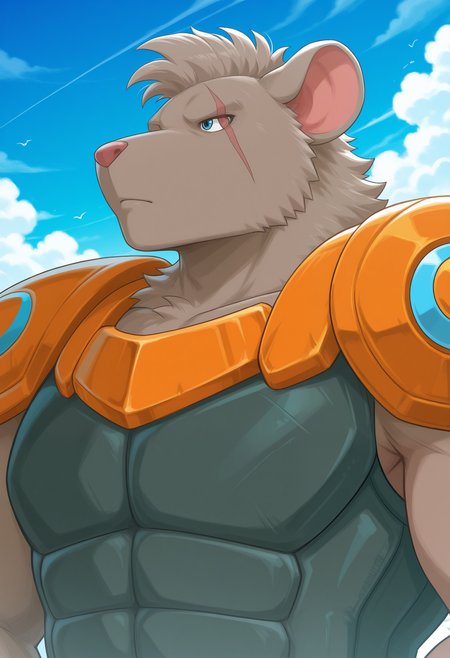 masterpiece,best quality,amazing quality, 1boy, solo, rh0mb, rat boy, scar across eye,  brown fur, blue eye, orange shoulder pads, chest armor, close up, side angle,