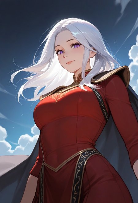 1girl, Aerea Targaryen, A song of Ice and Fire, DnD, Long Lustrious Hair, white Hair, Long white Hair, purple eyes, innocent eyes, adult (between ages of 18-20), lovely smile, dark background, wearing a red dress, 1girl, childish features, sole girl, dynamic lighting, dynamic angle, cloud, volumetric lighting, blue sky, portrait, upper body,