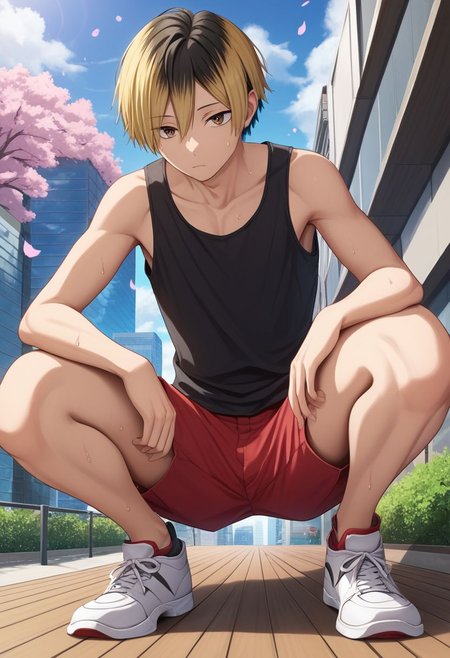 score_9, score_8_up, score_7_up, (1boy, solo), male focus, (slim), kenma, blonde hair, multicolored hair, two-tone hair, black hair, brown eyes, bangs, clavicles, black shirt, tank top, sleeveless, red shorts, short shorts, crouching, derpibooru_p_95, detailed eyes, Dutch angle, looking down at viewer, rating_explicit, yaoi, sexually suggestive, intricate detail, masterpiece, best quality, best aesthetic, short height, petite, otoko no ko, source_anime, bare legs, thick thighs, wooden floor, from below, cat, outdoors, city, sidewalk, Japan, Tokyo, cherry blossom, white sneakers, tired, exhausted, sweat,
