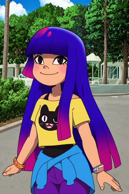 score_9, score_8_up, score_8, medium breasts, (curvy), cute, eyelashes,       BREAK, ,  ,,, zzMiko, long hair, purple hair, blunt bangs, multicolored hair, yellow shirt, short sleeves, t-shirt, print shirt, off shoulder, animal print, jewelry, purple pants, blue jacket around waist,  <lora:MikoKubota_PDXL_v2:1.0>,  ,,,  , BREAK, smile, looking at viewer, cowboy shot, ,,, outdoors, sky, day, cloud, tree, blue sky, sunny,  ,,, Expressiveh, ,,, <lora:Alola_Style_PDXL:0.8>, <lora:Expressive_H-000001:0.4>,