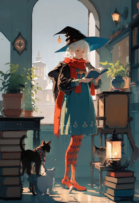 masterpiece, best quality, <lora:REDUMXLANI31lokrV53P1-000121:0.95>  1girl, hat, witch hat, indoors, holding, book, solo, standing, black headwear, dress, white hair, witch, cat, window, pantyhose, lantern, scarf, chair, potted plant, plant