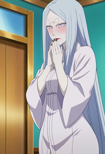 indoors, standing, solo,  looking at viewer, blush, worried, 
<lora:Kaguya ot IL:0.9>,kaguyaot,mature female, pale skin, grey eyes,no pupils, white hair, parted bangs, bangs, short eyebrows, long hair, medium breasts, red lips, lipstick, 
robe, japanese clothes, hands close to mouth, black nails,
anime screencap, masterpiece, best quality,