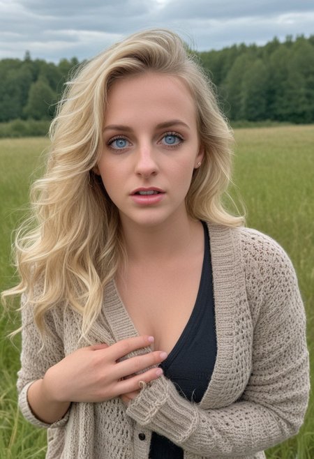 19yo Austrian woman in grass field,
Big eyes. Blue eyes.
Wearing ripped cardigan,
Heavy makeup. Clear skin. realistic skin style, perfect breasts, pink nipples, short skirt, long legs 
Long ash blonde hair, (curly hair:0.4), POV. Embarrassed, tilting head.. Tilt head. Hands in head, face, lips.
Medium Close Up shot. Bokeh. Bokeh light.