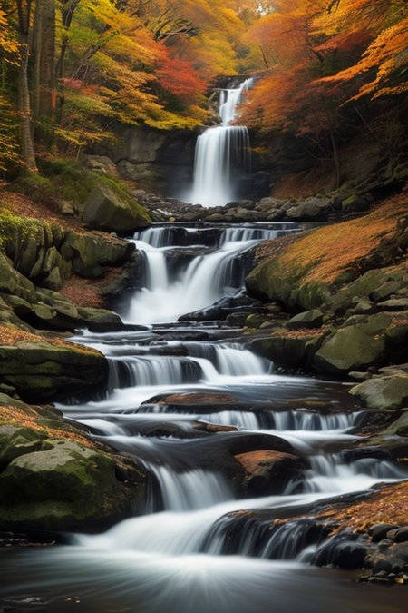 Hyperrealistic art photorealistic image captured with Nikon D750, 24mm lens, a majestic waterfall surrounded by autumn foliage,
 the vibrant colors of fall framing the powerful cascade, aspect ratio 16:9 . Extremely high-resolution details, photographic, realism pushed to extreme, fine texture, incredibly lifelike