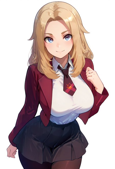 masterpiece, best quality, solo, curvy, beautiful eyes,   zzLss, blue eyes, blonde hair, long hair,  shirt, necktie, jacket, school uniform, white shirt, long sleeves, black necktie, collared shirt, blazer, black skirt, black pantyhose,  ,<lora:LassPokemon_IXL:1.0>, , smile, looking at viewer, cowboy shot,  <lora:IckpotIXL_v1:1.0>, <lora:SpicyIXL:0.6>,