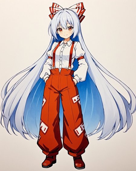 fujiwara no mokou,1girl, solo, suspenders, hair_bow, traditional_media, ofuda_on_clothes, red_pants, smile, white_shirt, marker_\(medium\), looking_at_viewer, collared_shirt, juliet_sleeves, closed_mouth, buttons, hand_on_hip, white_bow, orange_background, red_bow, cowboy_shot, breasts
<lora:fujiwara_no_mokou_image4672_2023-12-14-000008:1>,star-shaped_pupils,symbol-shaped_pupils,. gorgeous,key visual, vibrant, studio anime,award-winning, professional, highly detailed,high budget, cinemascope
